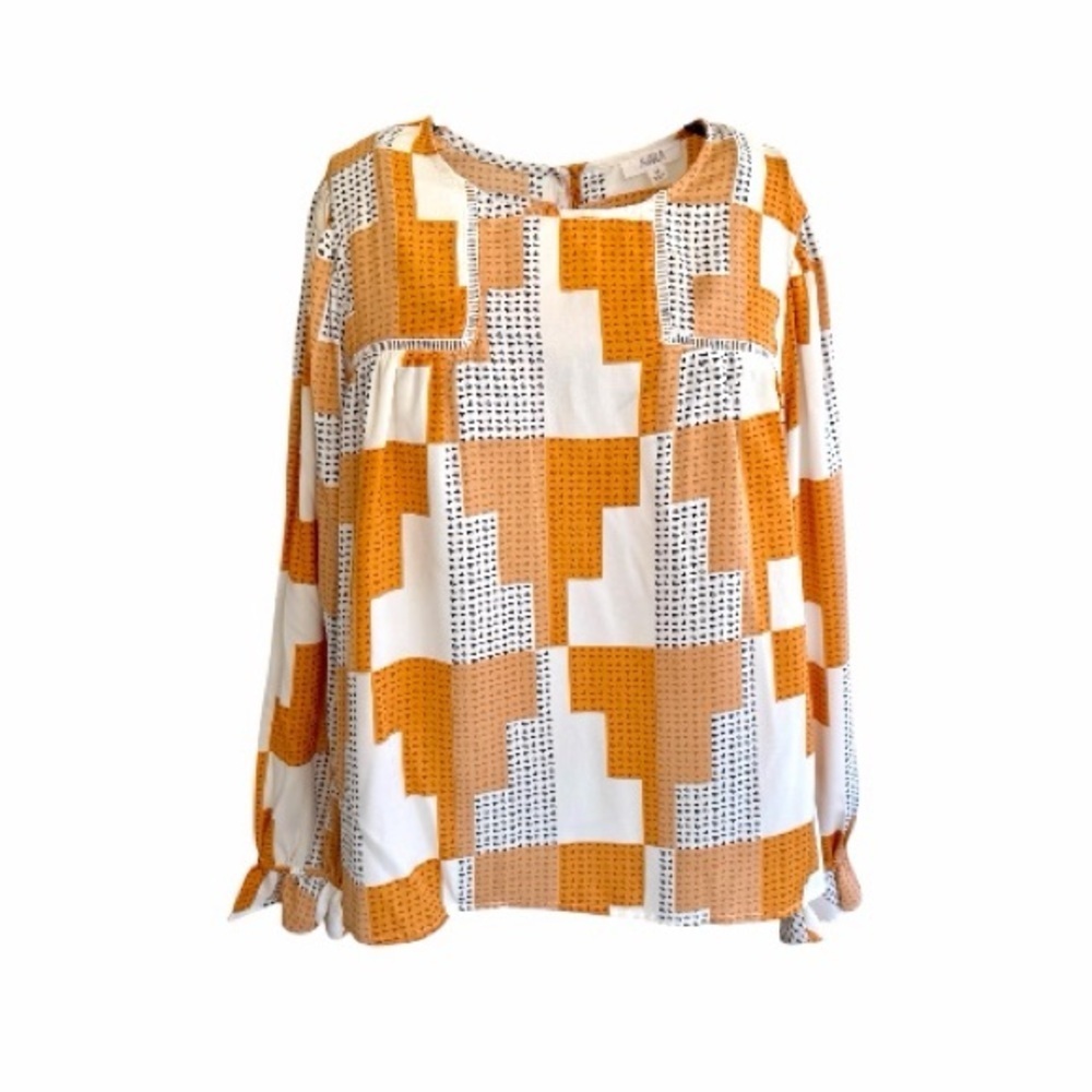 AVARA, WOMENS, LONG SLEEVE BLOUSE WITH A GEOMETRIC PANELED DESIGN. SIZE M